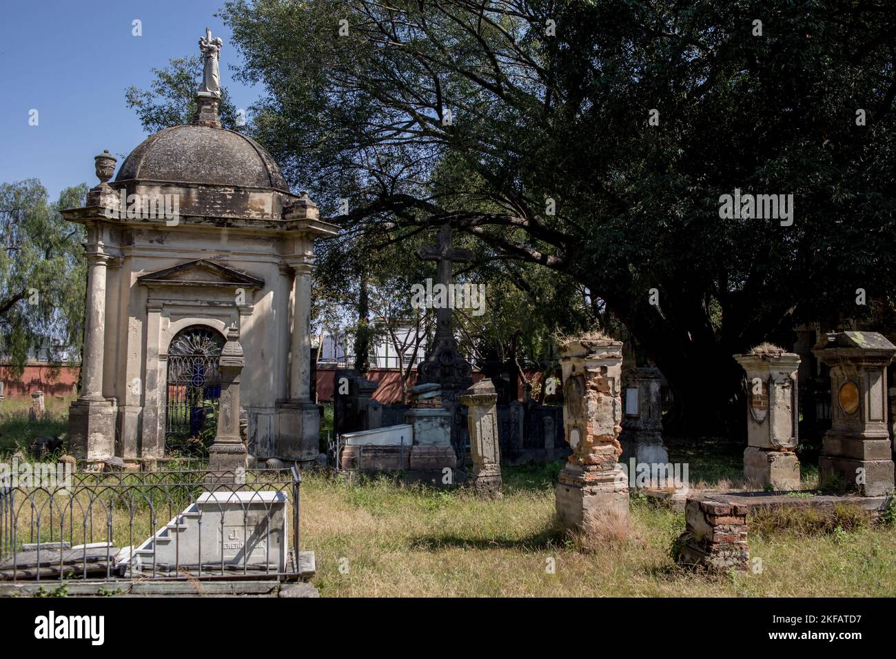 Belen cemetery tombs in day of the dead in Guadalajara Jalisco Mexico, pantheon santa paula, halloween concept Stock Photo