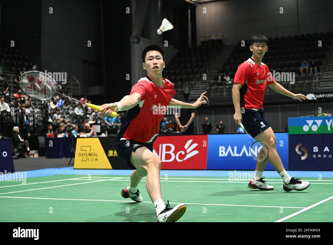 Sydney, Australia. 17th Nov, 2022. Ou Xuan Yi (L) and Liu Yu Chen (R) of China seen during the 2022 SATHIO GROUP Australian Badminton Open men's double round of 16 match against Choi Sol Gyu and Kim Won Ho of Korea. Liu and Ou won the match 18-21, 21-18, 21-18. Credit: SOPA Images Limited/Alamy Live News Stock Photo