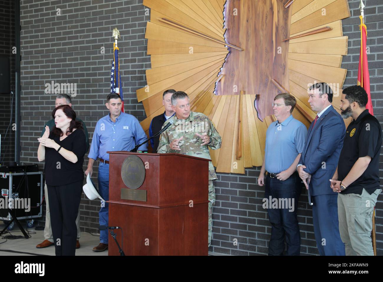 Maj. Gen. Janson D. Boyles, the adjutant general of Mississippi, speaks during a press conference at the Mississippi State Fairgrounds in Jackson, Mississippi, Sept. 1, 2022. Following flooding, the main treatment plant in Jackson experienced an issue that caused little to no water to flow to residents. Nearly 600 Mississippi National Guardsmen were set up across seven sites through Jackson for people to collect bottled water and non-potable water from water buffalo trucks. (U.S. Army National Guard photos by Staff Sgt. Connie Jones) Stock Photo