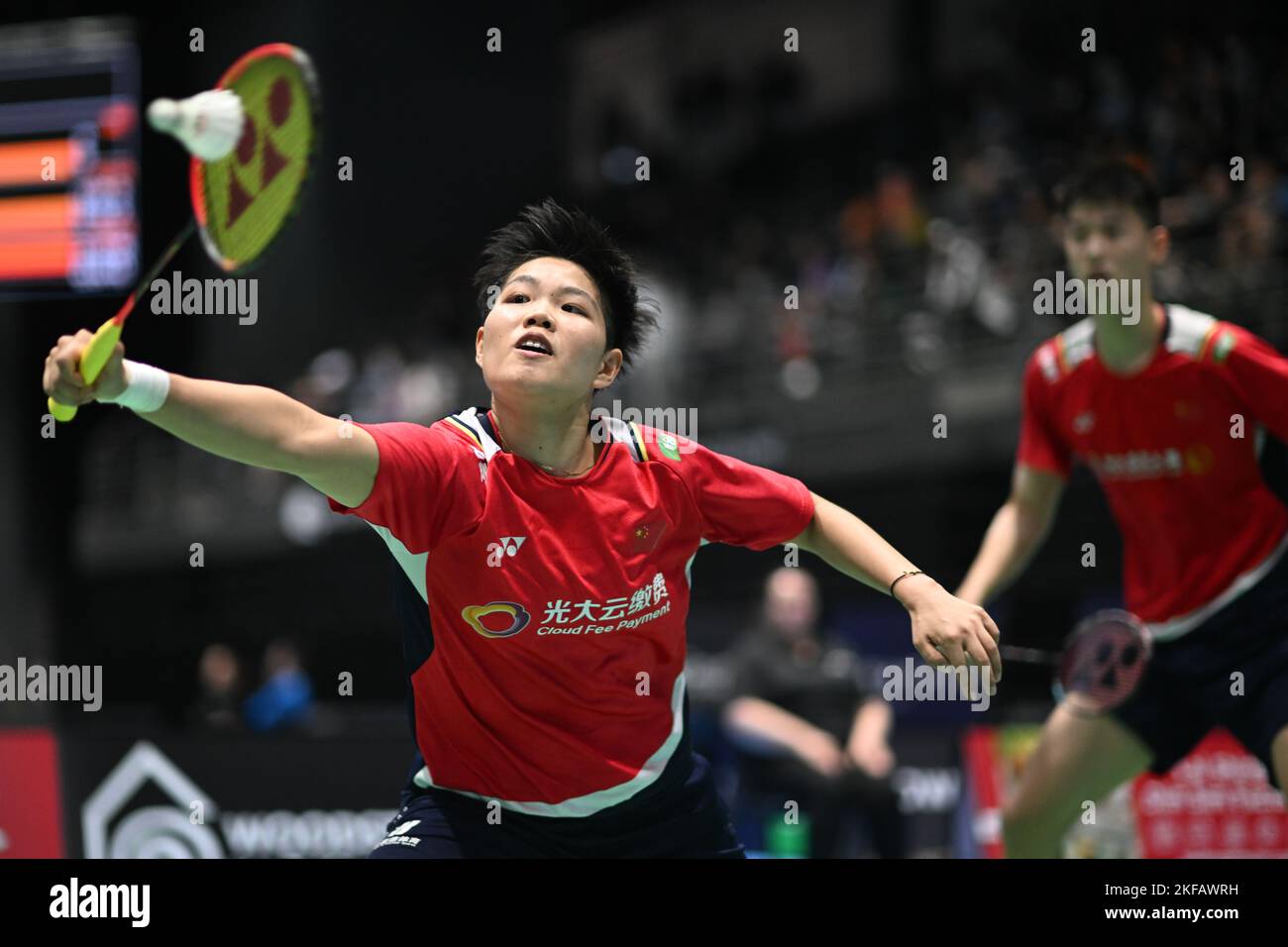 Huang Dong Ping (L) and Feng Yan Zhe (R) of China seen during the 2022 SATHIO GROUP Australian Badminton Open mixed double round of 16 match against Young Hyuk Kim and Lee Yu Lim of Korea. Feng and Huang won the match 12-21, 21-14, 21-15. (Photo by Luis Veniegra / SOPA Images/Sipa USA) Stock Photo
