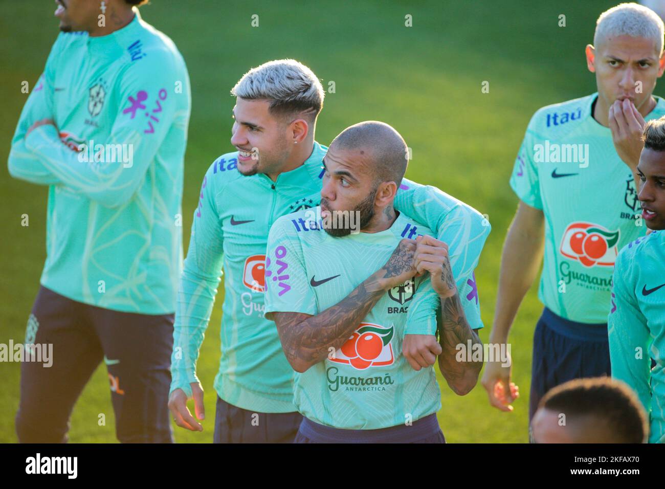 Turin, Italy. 16th Nov, 2022. Bruno Guimaraes and Dani Alves of Brazil during Brazil National football team traning, before the finale stage of the World Cup 2022 in Qatar, at Juventus Training Center, 16 November 2022, Turin, Italy. Photo Nderim Kaceli Credit: Independent Photo Agency/Alamy Live News Stock Photo
