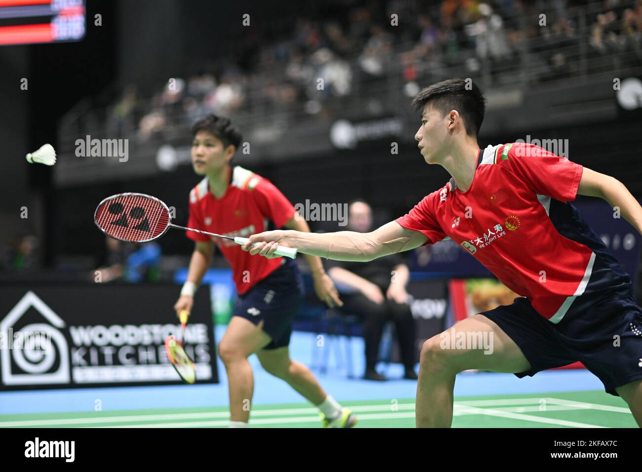 Sydney, Australia. 17th Nov, 2022. Huang Dong Ping (L) and Feng Yan Zhe (R) of China seen during the 2022 SATHIO GROUP Australian Badminton Open mixed double round of 16 match against Young Hyuk Kim and Lee Yu Lim of Korea. Feng and Huang won the match 12-21, 21-14, 21-15. (Photo by Luis Veniegra/SOPA Images/Sipa USA) Credit: Sipa USA/Alamy Live News Stock Photo