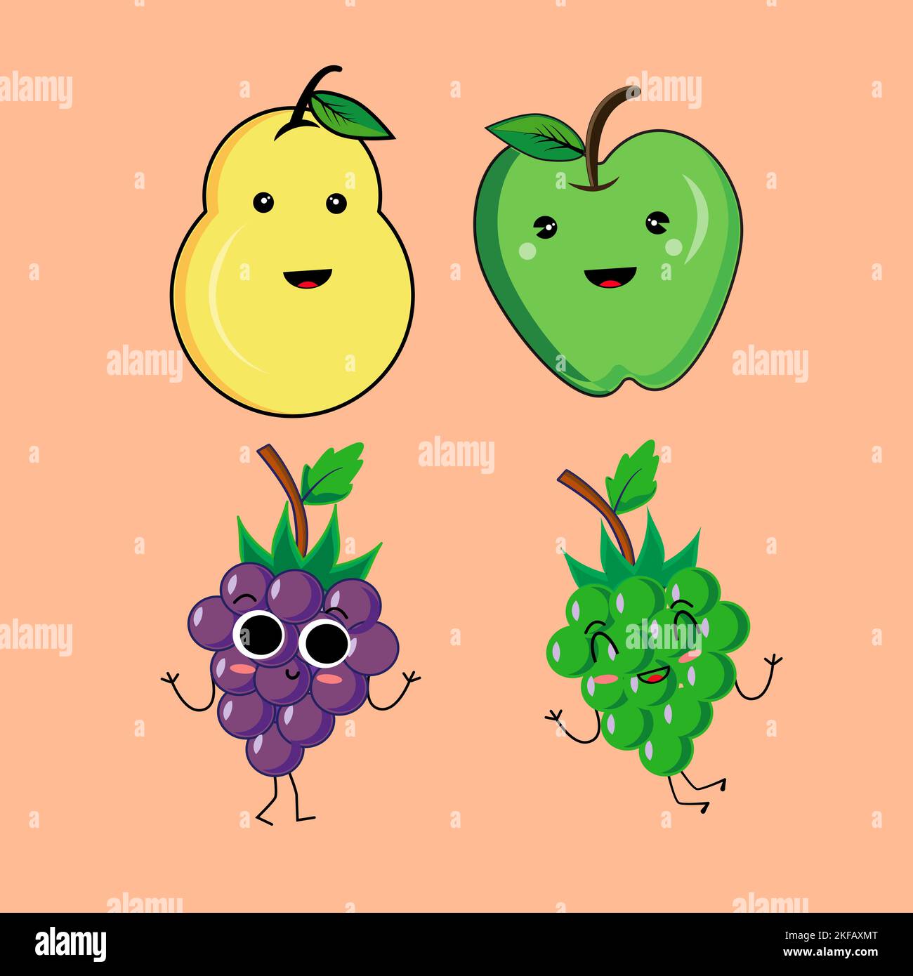 Vector collection of cute fruits. Funny fruit characters isolated on pink background, Cute and funny fruit set vector illustration Stock Vector