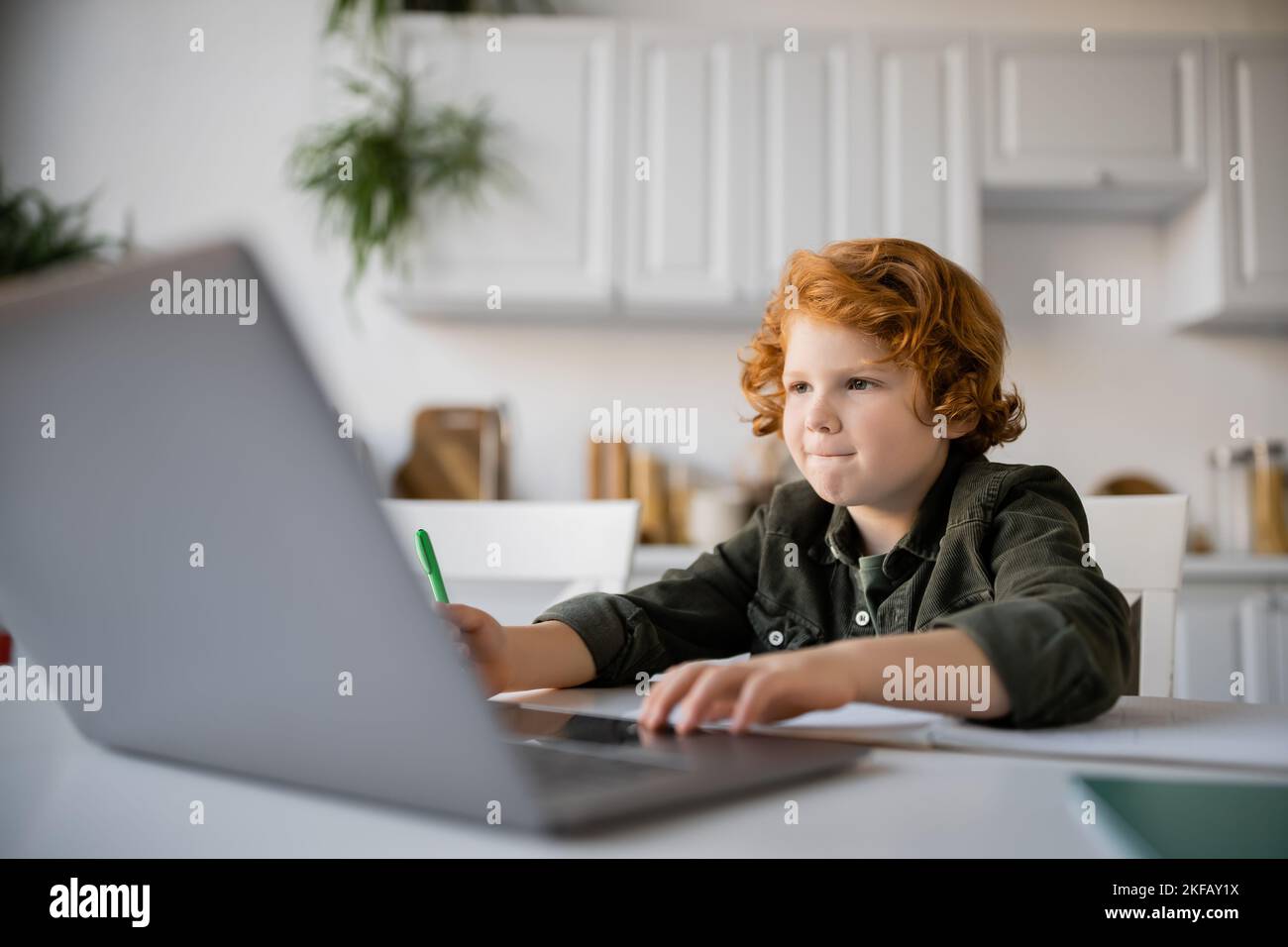 concentrated redhead boy using laptop while studying at home in kitchen Stock Photo