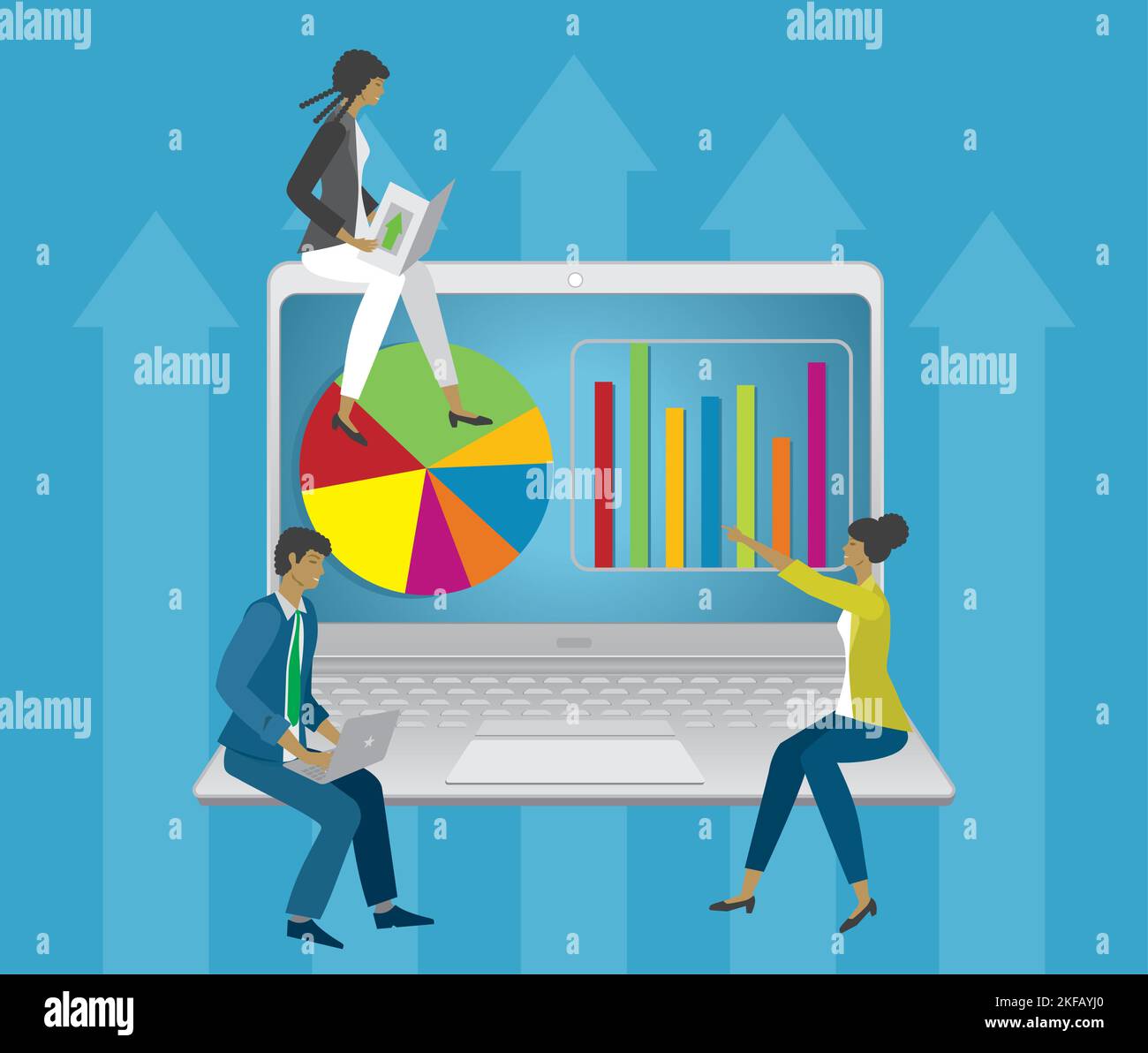 Businesspeople working on laptop. Vector illustration. Stock Vector