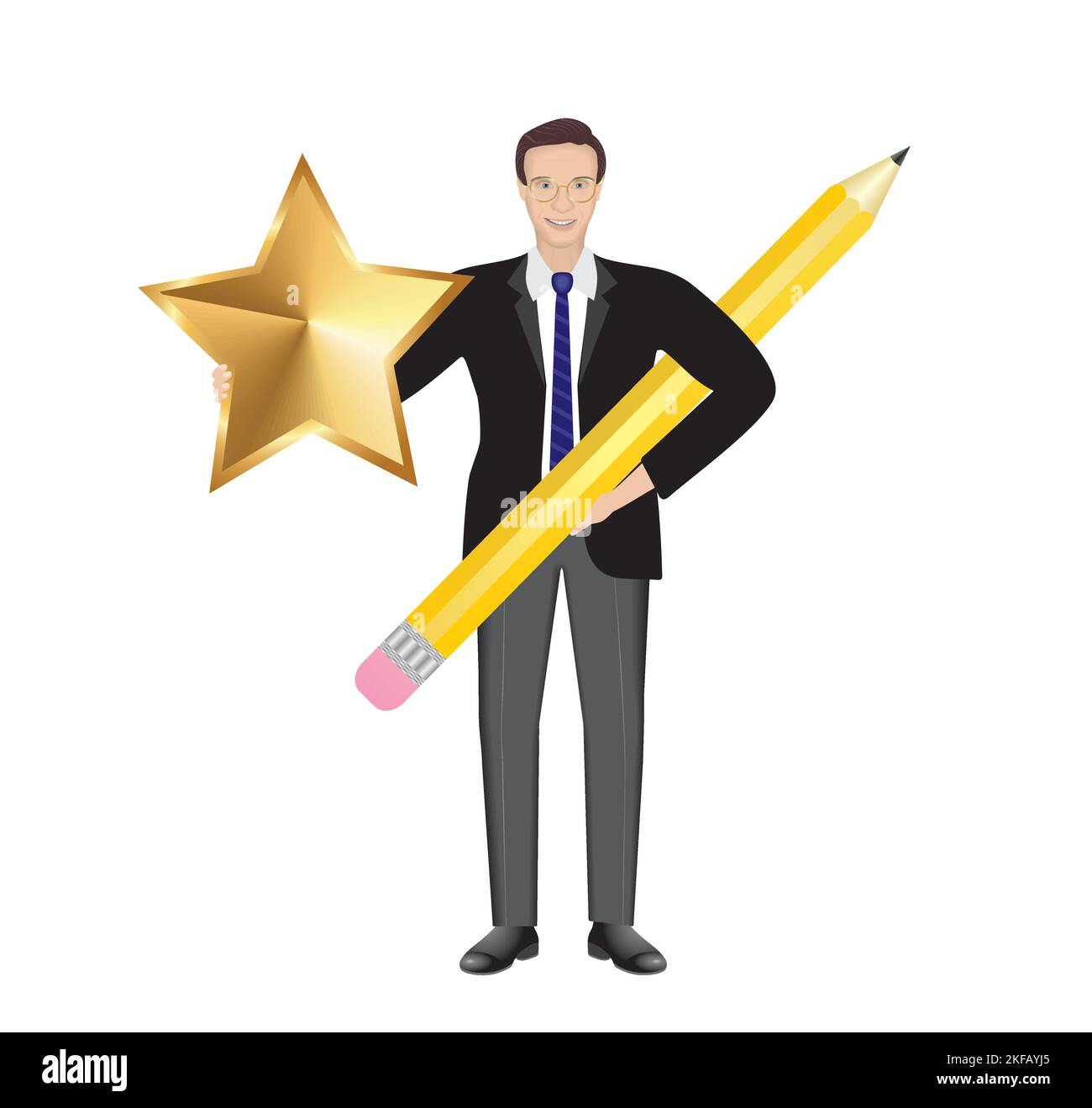 Man with big golden star and pencil. Appreciation for good writing