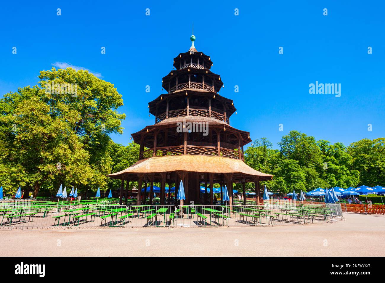 Munich, Germany July 06, 2021 Chinese Tower or Chinesischer Turm is