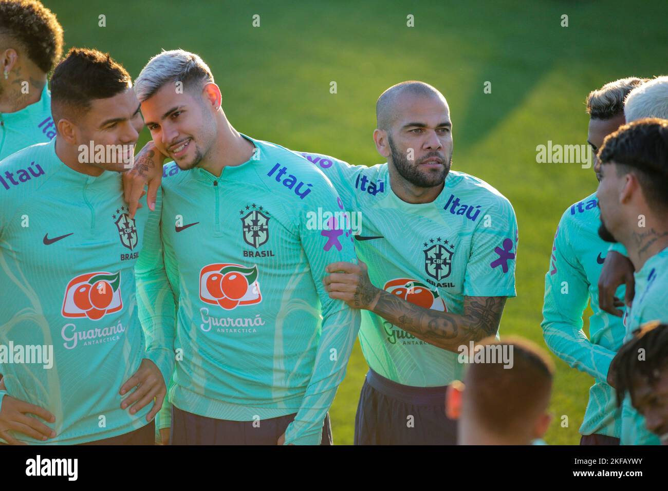 Turin, Italy. 16th Nov, 2022. Casemiro, Bruno Guimaraes and Dani Alves of Brazil during Brazil National football team traning, before the finale stage of the World Cup 2022 in Qatar, at Juventus Training Center, 16 November 2022, Turin, Italy. Photo Nderim Kaceli Credit: Independent Photo Agency/Alamy Live News Stock Photo