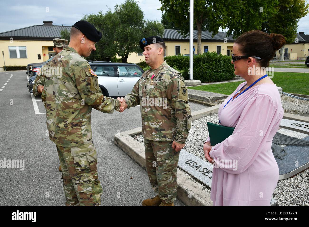 Maj. Gen. Todd Wasmund, U.S. Army Southern European Task Force, Africa commander, pins a The Legion of Merit to Command Sergeant Major Charles W. Gregory, Jr. outgoing Command Sgt. Maj. U.S. Army Southern European Task Force, Africa at Caserma Ederle in Vicenza, Italy, September 1, 2022. Stock Photo