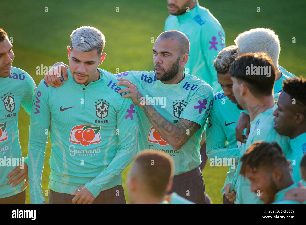 Turin, Italy. 16th Nov, 2022. Bruno Guimaraes and Dani Alves of Brazil during Brazil National football team traning, before the finale stage of the World Cup 2022 in Qatar, at Juventus Training Center, 16 November 2022, Turin, Italy. Photo Nderim Kaceli Credit: Independent Photo Agency/Alamy Live News Stock Photo