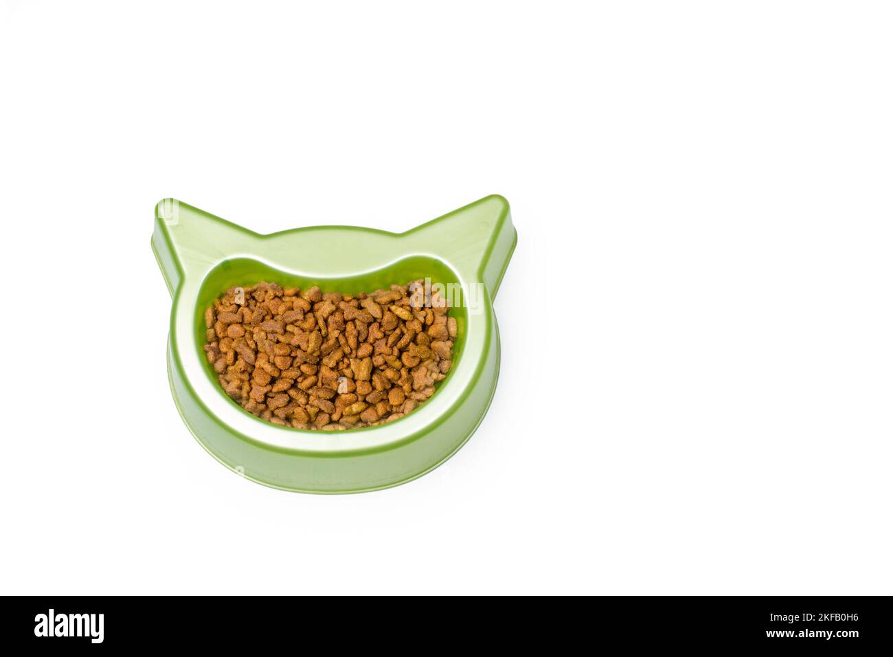 Green cat head pet bowl with pet food on a white background Stock Photo