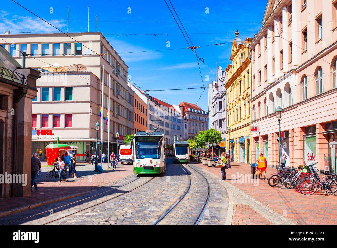 Augsburg, Germany - July 06, 2021: Trams in the city center at Moritzplatz square in Augsburg city, Germany Stock Photo