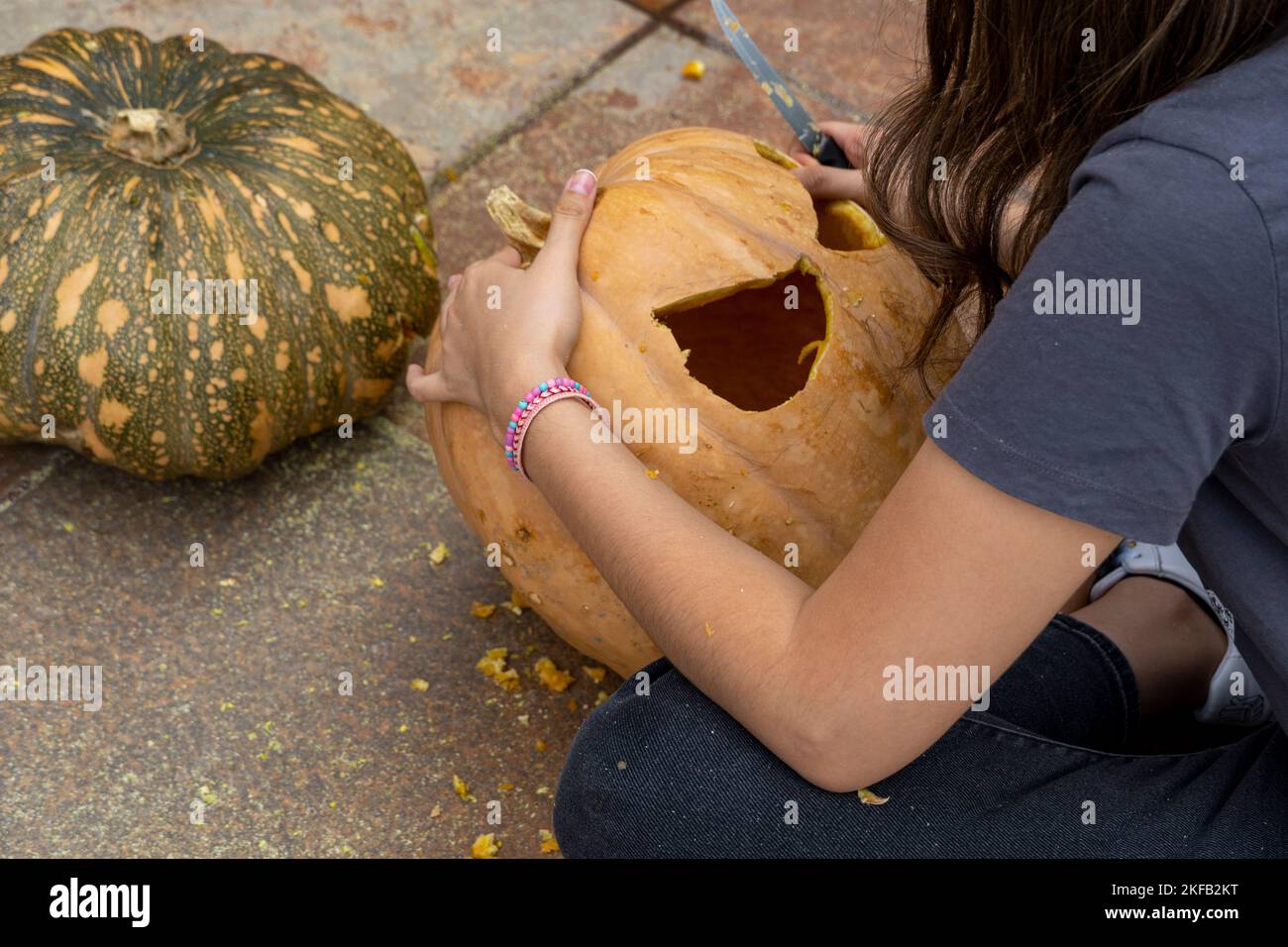 hands of old male farmer raises above his head large pumpkin on garden