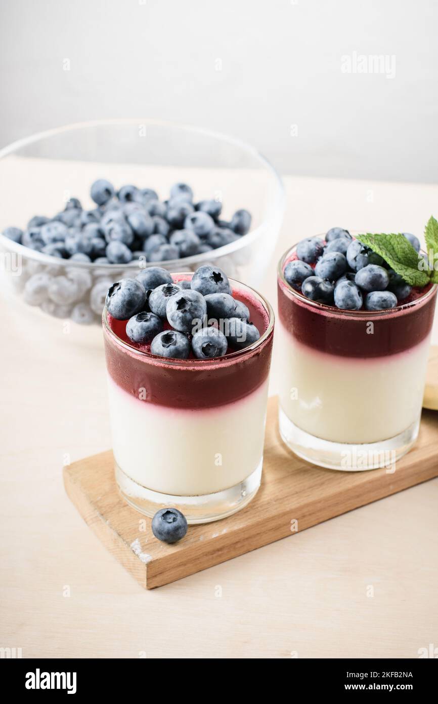 Gelatin dessert with blueberries. Yogurt and blueberry jelly. Stock Photo