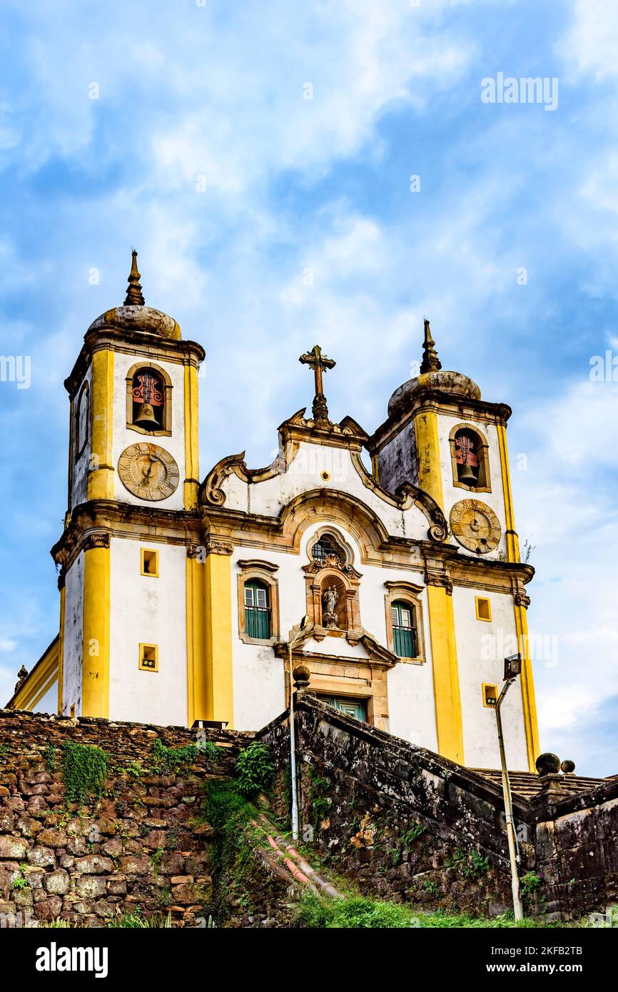 Historic baroque church seen from below in the city of Ouro Preto in Minas Gerais Stock Photo