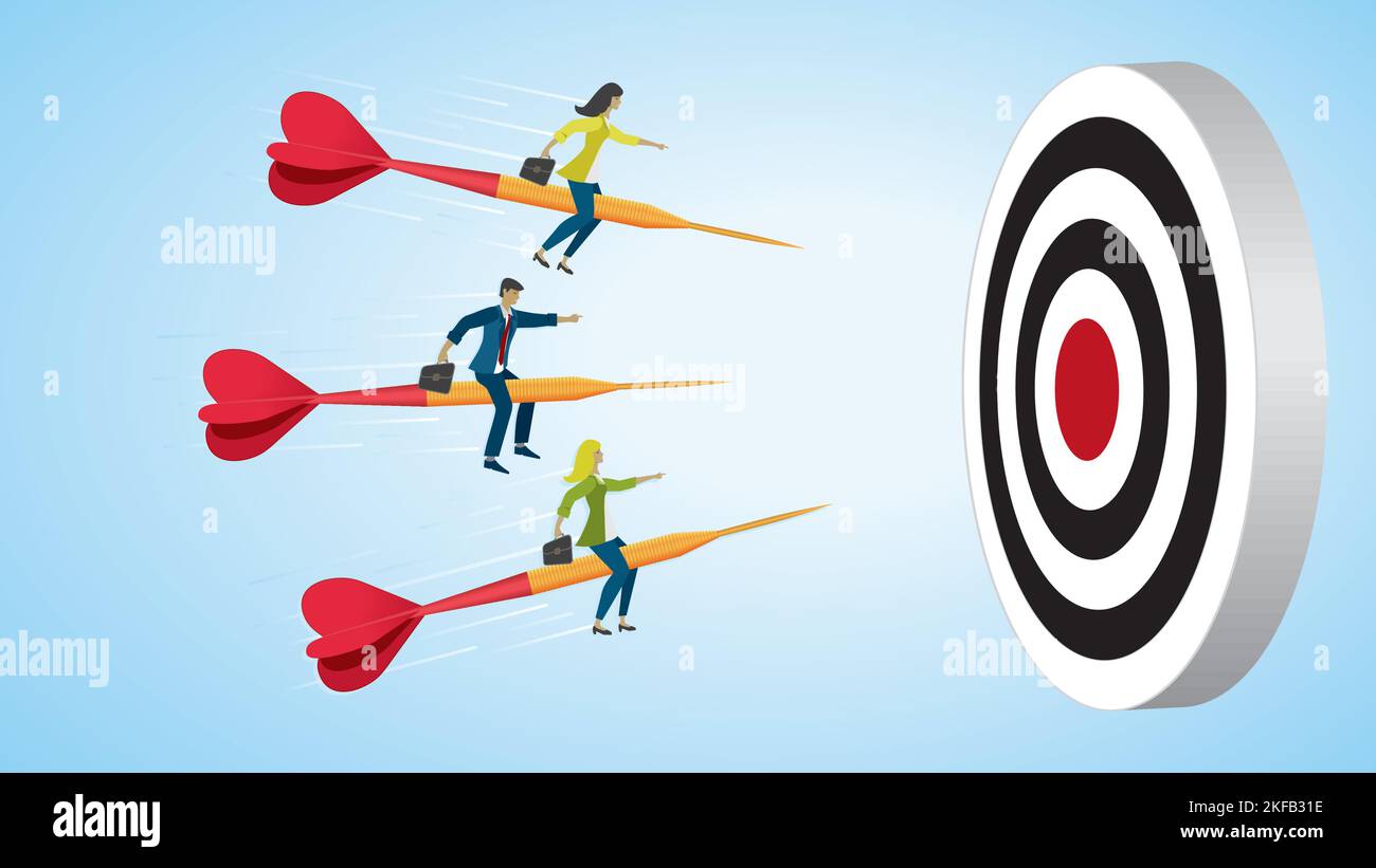 Businesspeople riding on dart arrow to their goal in bulls eye. Vector illustration. Stock Vector