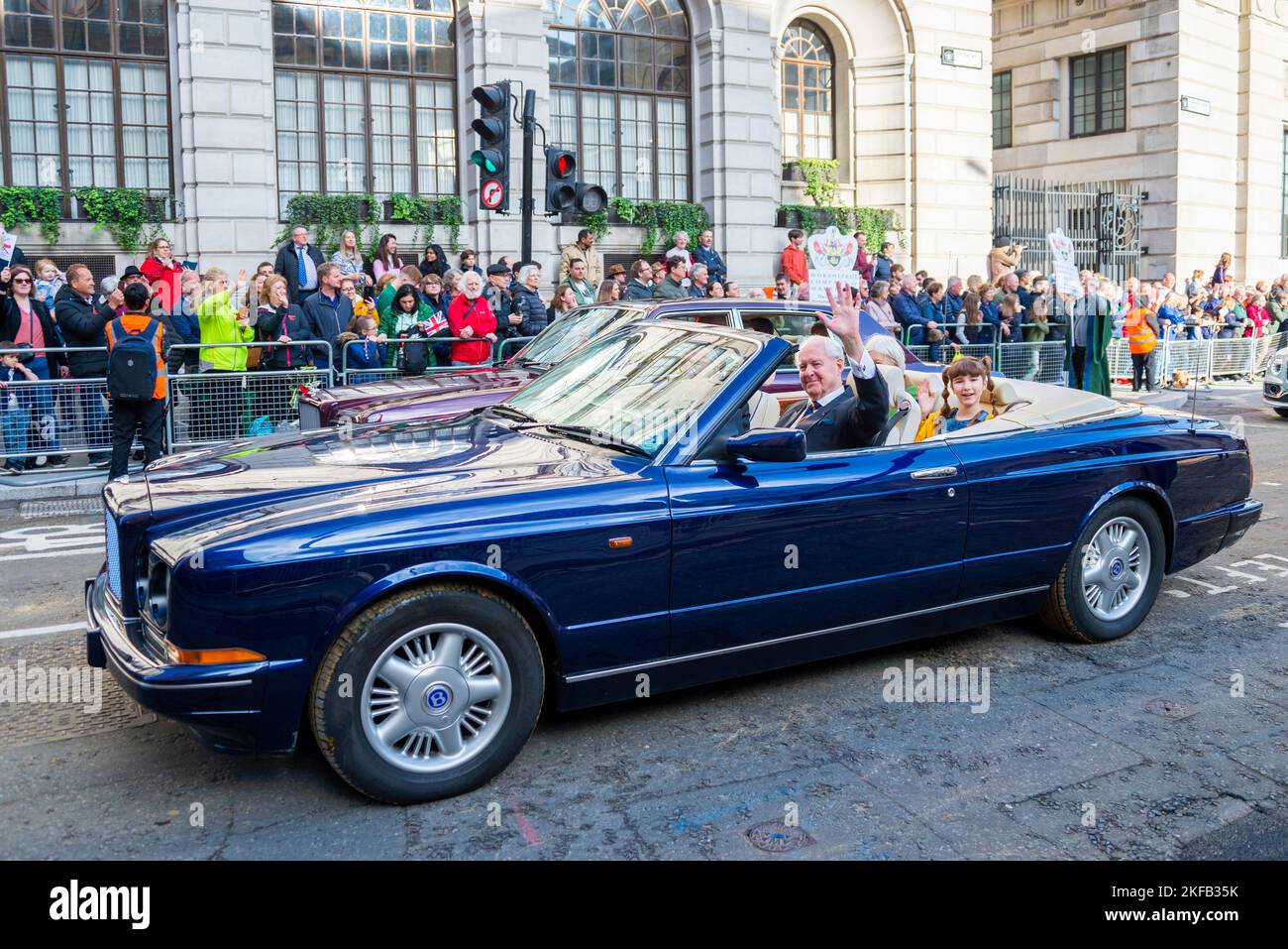 Classic Bentley Azure car at the Lord Mayor's Show parade in the City of London, UK. WORSHIPFUL COMPANY OF MARKETORS group. Tallulah Conabeare in car Stock Photo