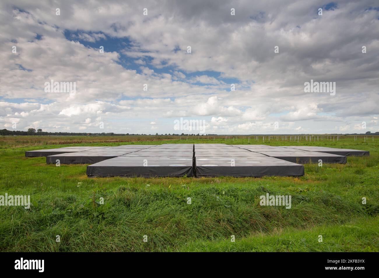 Landscape with close up of part of the largest Low-Frequency Array, LOFAR, radio telescope in the world for doing astronomical research Stock Photo