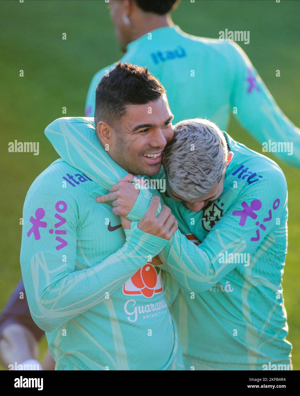 Casemiro and Bruno Guimaraes during Brazil National football team traning, before the finale stage of the World Cup 2022 in Qatar, at Juventus Trainin Stock Photo