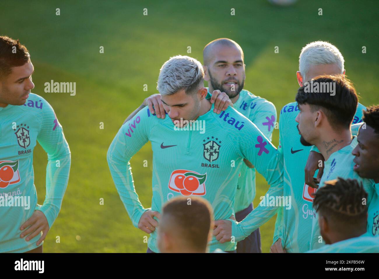 Bruno Guimaraes and Dani Alves of Brazil during Brazil National football team traning, before the finale stage of the World Cup 2022 in Qatar, at Juve Stock Photo