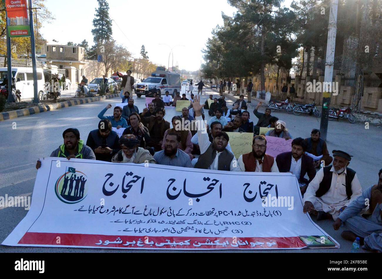 Quetta, November 17, 2022. Members of Nojawanan Action Committee Bagh Barshore are holding protest demonstration for development works in their area, outside Balochistan Assembly in Quetta on Thursday, November 17, 2022. Stock Photo