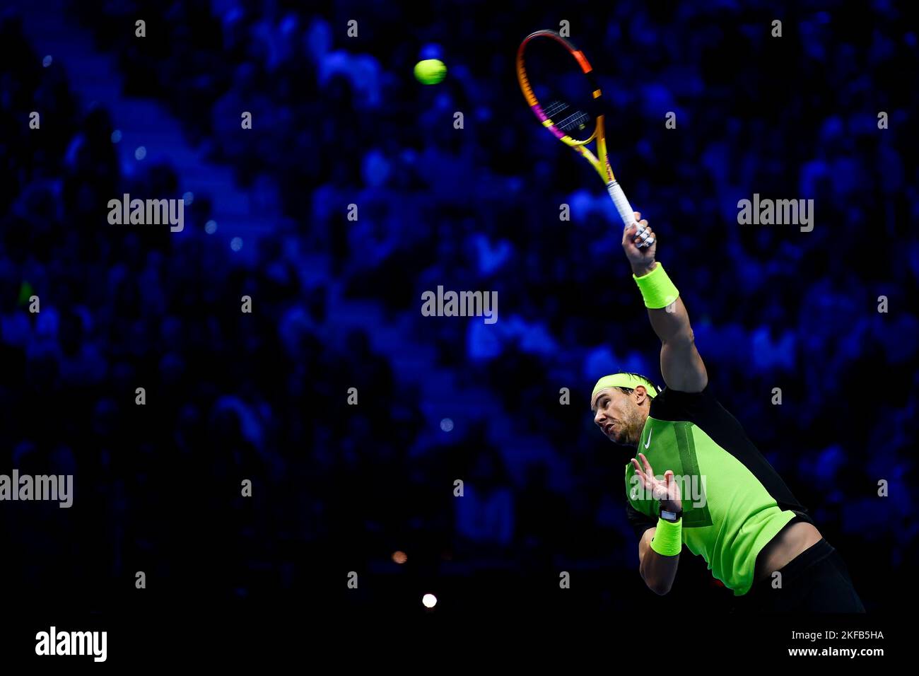 Turin, Italy. 17 November 2022. Rafael Nadal of Spain serves during his round robin match against Casper Ruud of Norway during day five of the Nitto ATP Finals. Rafael Nadal won the match 7-5, 7-5. Credit: Nicolò Campo/Alamy Live News Stock Photo