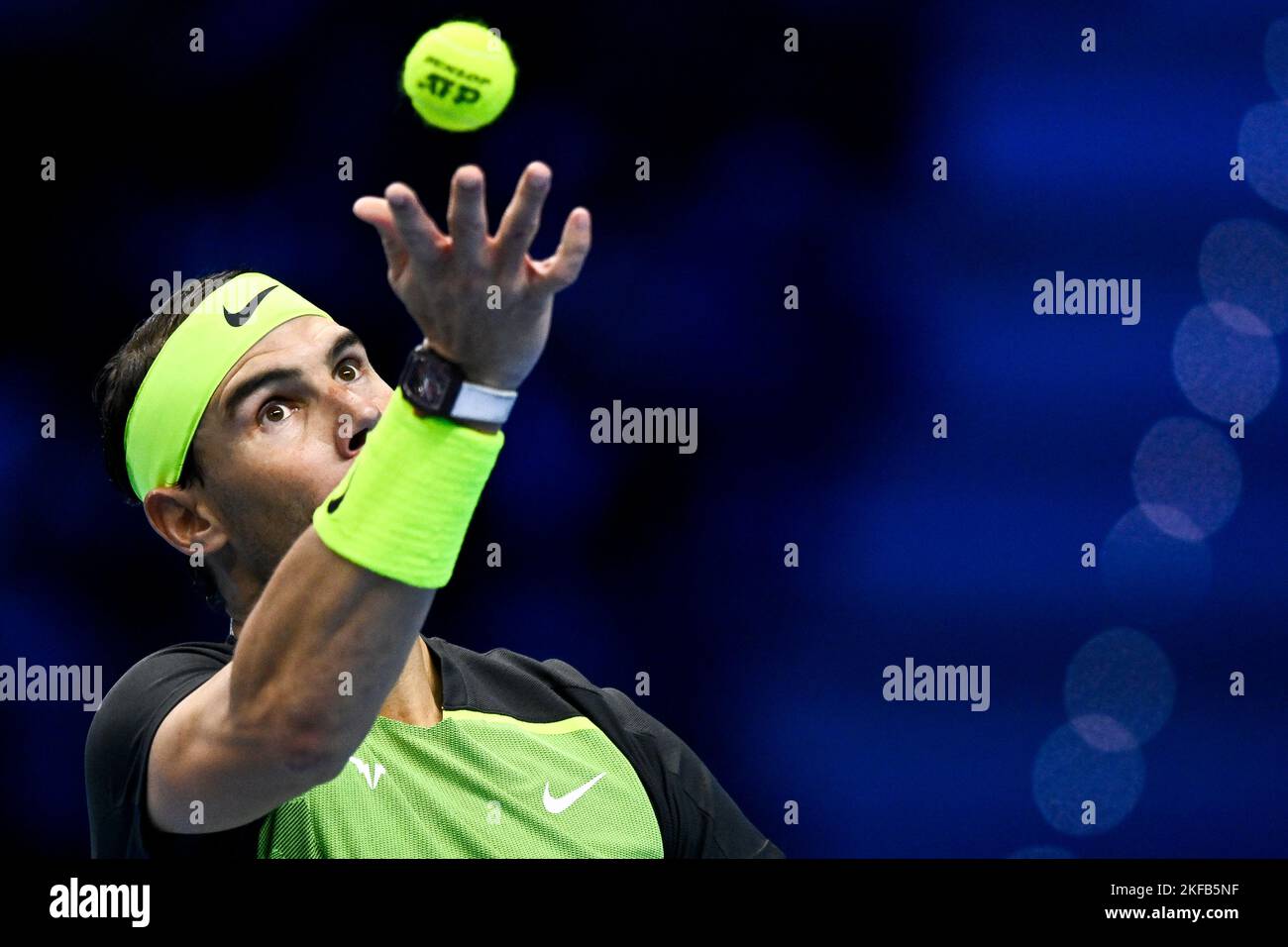 Turin, Italy. 17 November 2022. Rafael Nadal of Spain serves during his round robin match against Casper Ruud of Norway during day five of the Nitto ATP Finals. Rafael Nadal won the match 7-5, 7-5. Credit: Nicolò Campo/Alamy Live News Stock Photo