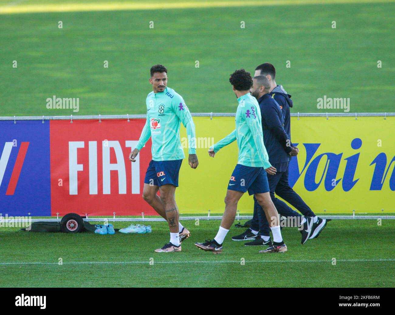 Turin, Italy. 16th Nov, 2022. Danilo of Brazil and Marquinhos of Brazil during Brazil National football team traning, before the finale stage of the World Cup 2022 in Qatar, at Juventus Training Center, 16 November 2022, Turin, Italy. Photo Nderim Kaceli Credit: Independent Photo Agency/Alamy Live News Stock Photo
