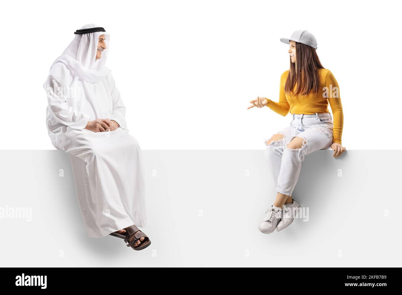 Young female sitting and having a conversation with an arab man in an ...