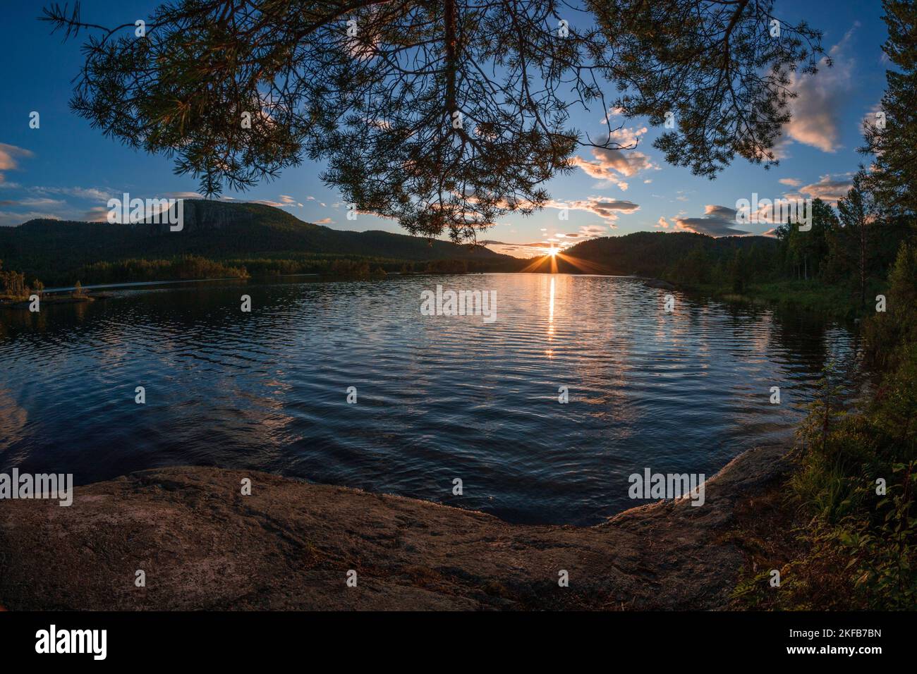A sunset view of a peaceful lake surrounded by lush greenery Stock ...