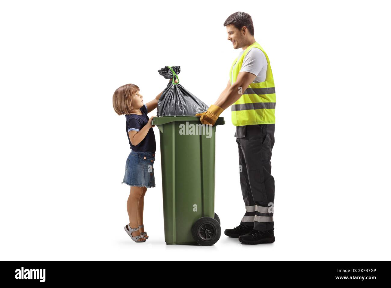 Waste collector holding a green dustbin and a child throwing a bag isolated on white background Stock Photo