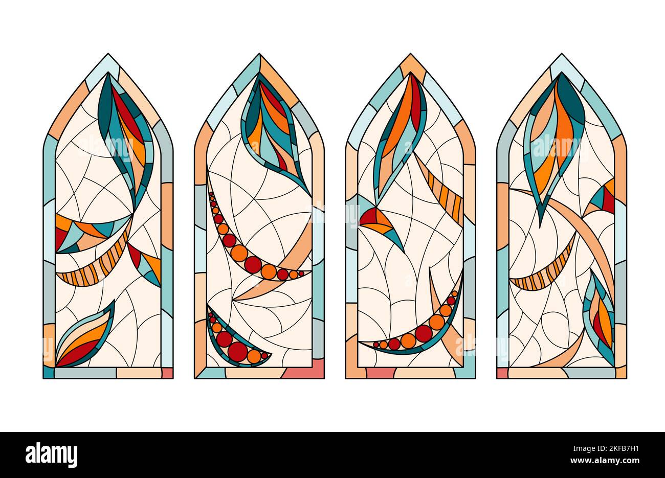 Stained glass Church windows. Set of 4 different pictures drawing in one style. Stock Vector
