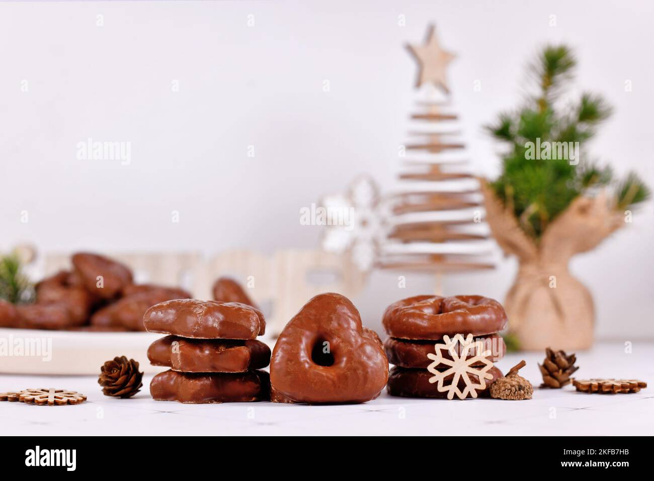 Traditional German glazed gingerbread Christmas cookies called 'Lebkuchen' in various shapes Stock Photo