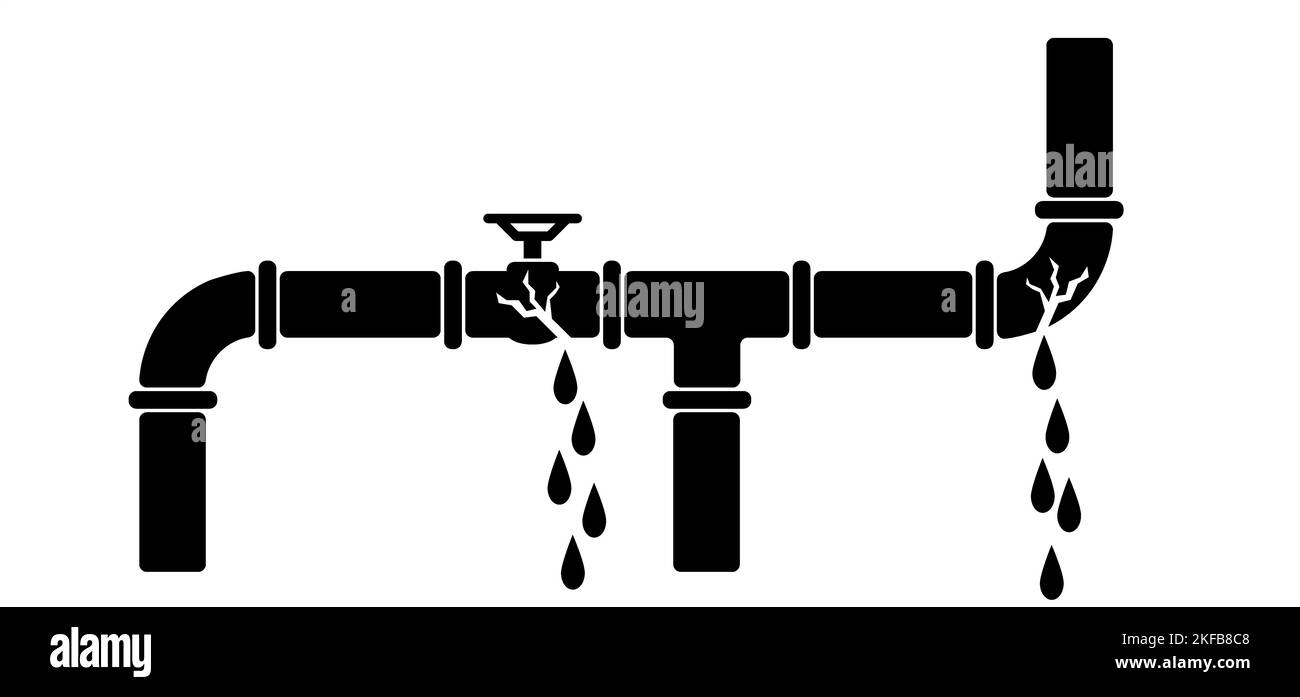 Leakage, broken oil or gas pipeline with fittings and valves. Pipeline, black tap, open, close. Cartoon water jet with leaky pipe line, plumbing syste Stock Photo