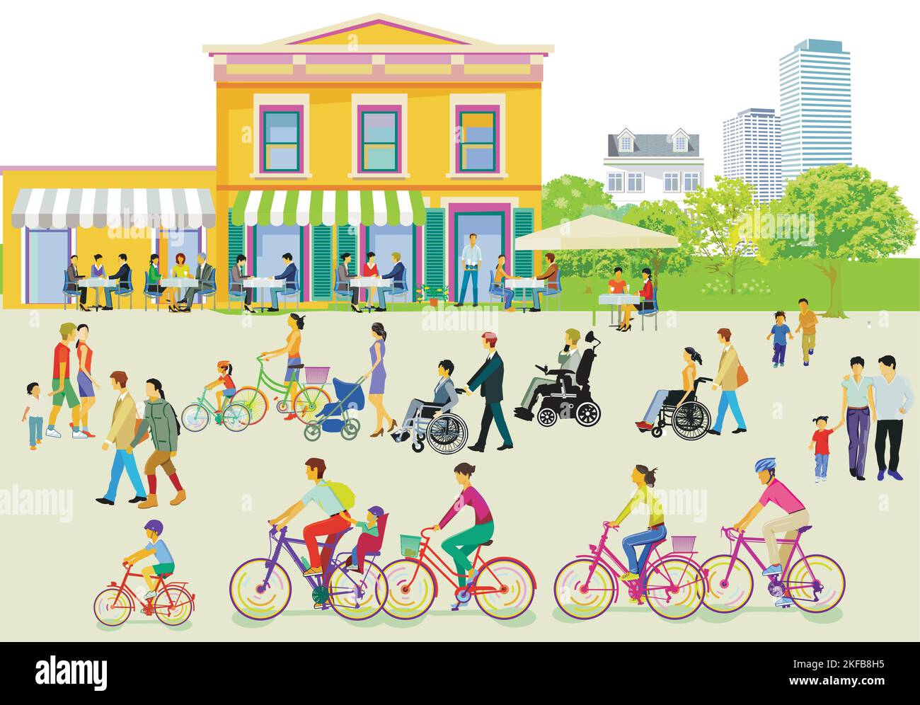 Pedestrians and disabled people in the city park, illustration Stock Vector