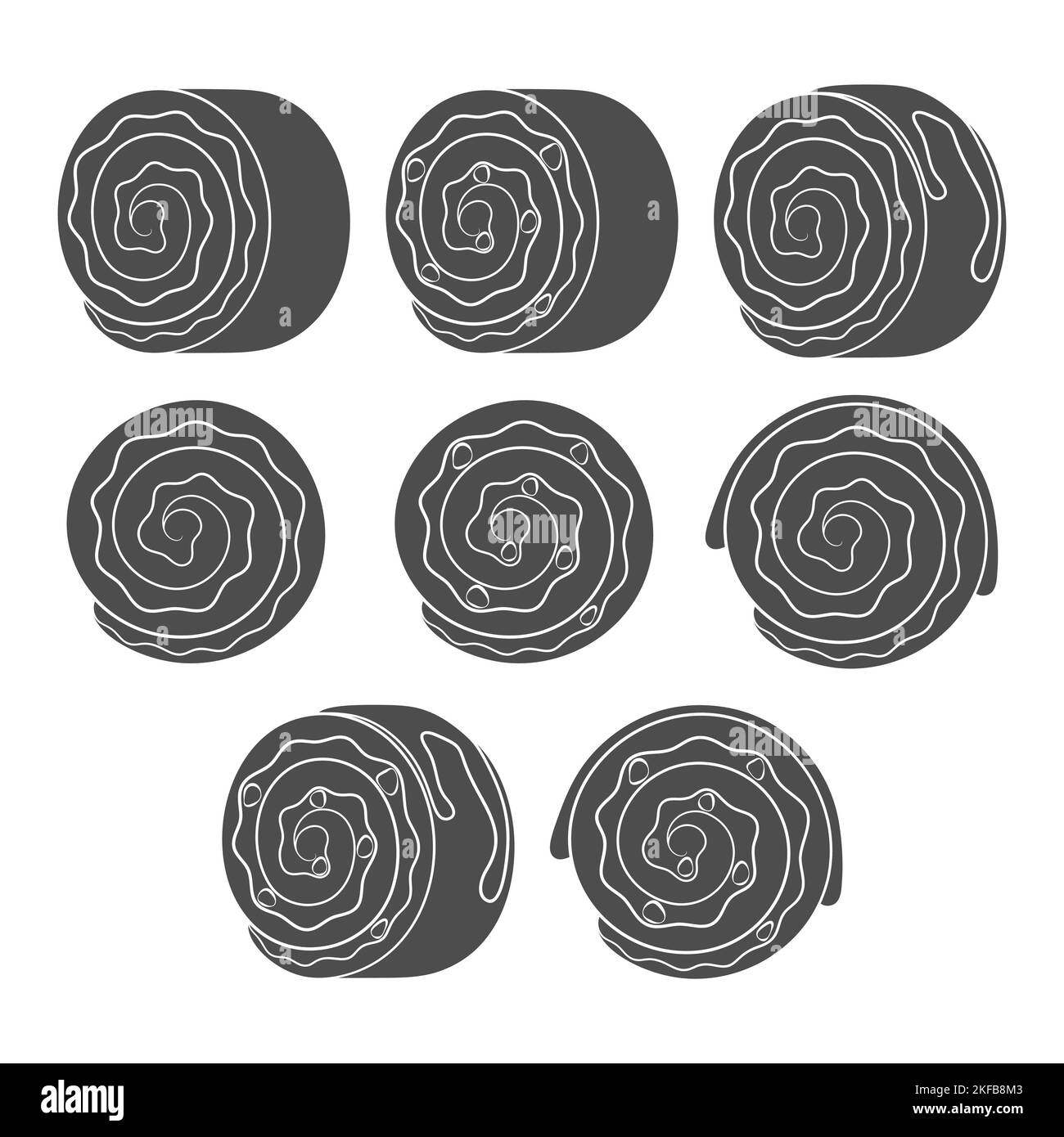 Set of black and white illustrations with a cake roll. Isolated vector objects on a white background. Stock Vector