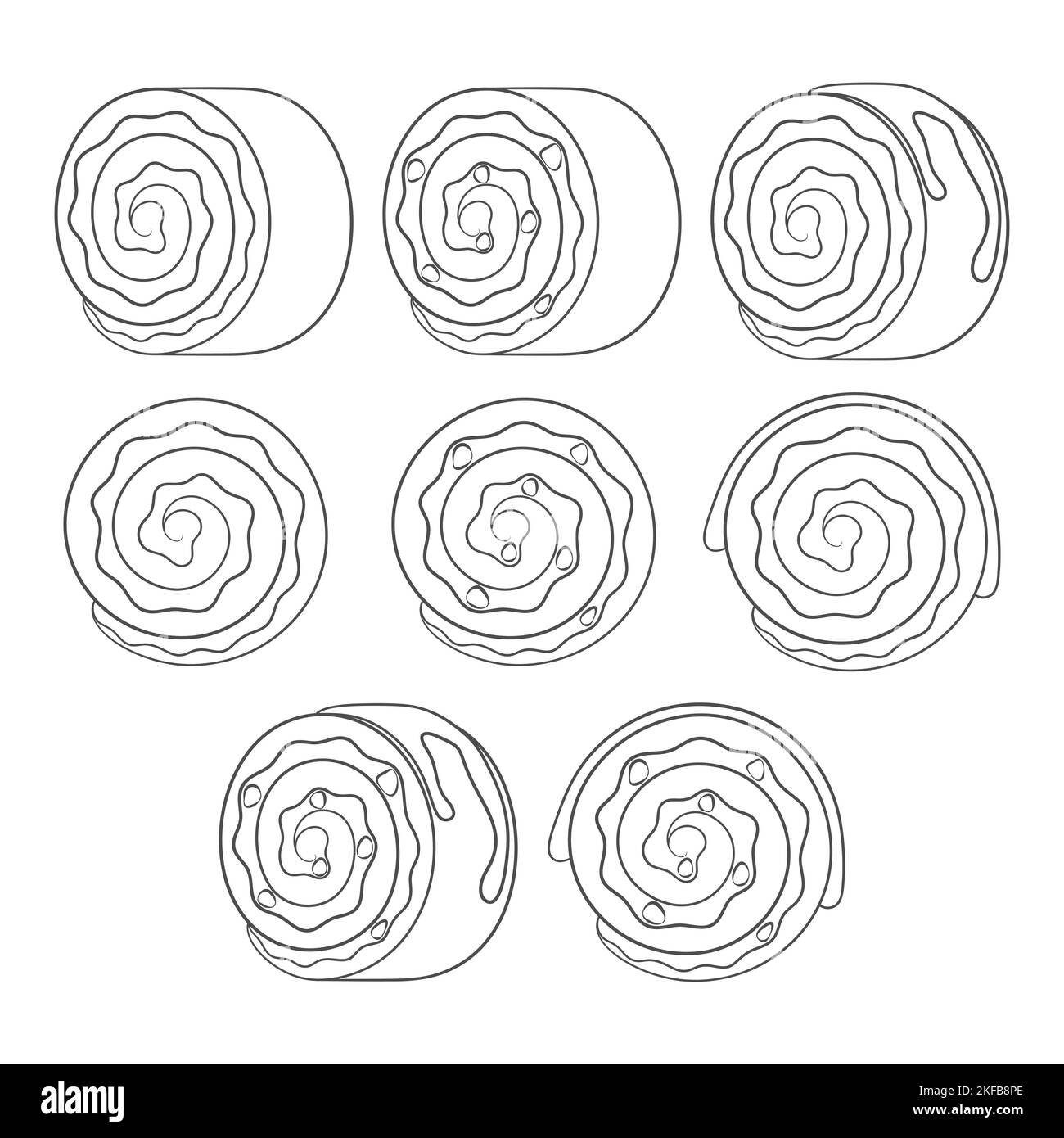 Set of black and white illustrations with a cake roll. Isolated vector objects on a white background. Stock Vector