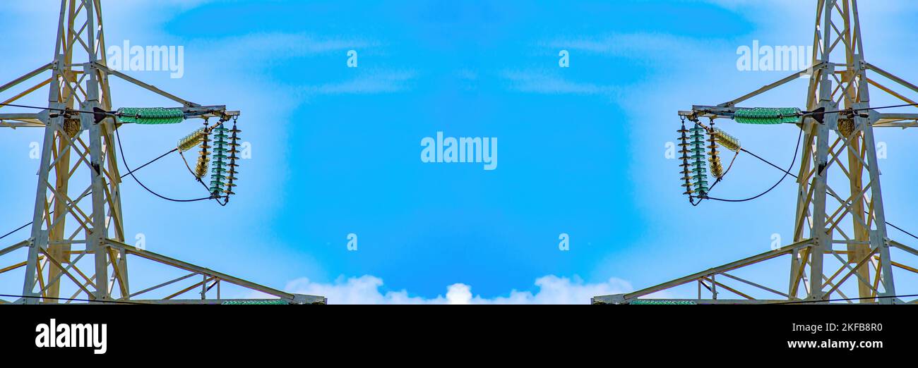 Line insulator on the electrical wires of a highvoltage tower