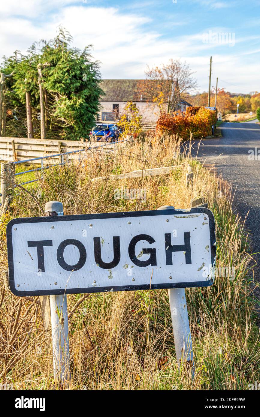 The village sign for Tough (Kirkton of Tough) near Alford in the Marr area of Aberdeenshire, Scotland UK Stock Photo