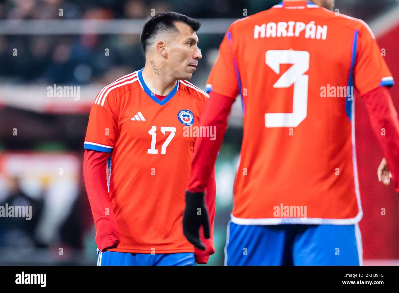 Warsaw, Poland. 16th Nov, 2022. Gary Medel (L) of Chile seen during the friendly match between Poland and Chile at Marshal Jozef Pilsudski Legia Warsaw Municipal Stadium. Final score; Poland 1:0 Chile. Credit: SOPA Images Limited/Alamy Live News Stock Photo