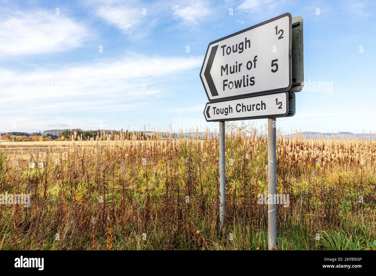 A road sign for Tough (Kirkton of Tough) near Alford in the Marr area of Aberdeenshire, Scotland UK Stock Photo