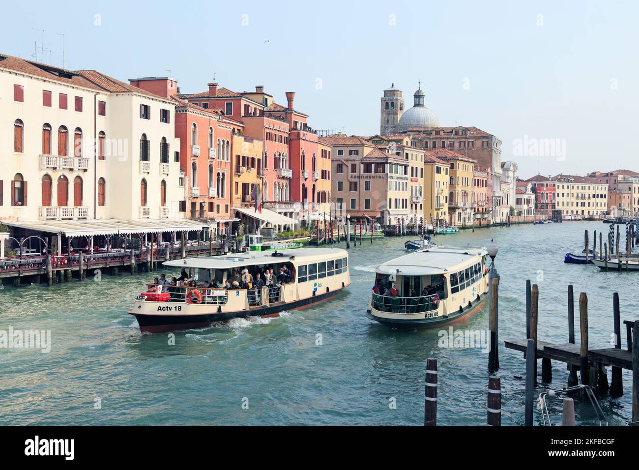 Venice, Italy. Ferries on Canale Grande, Grand canal, transporting people. Stock Photo