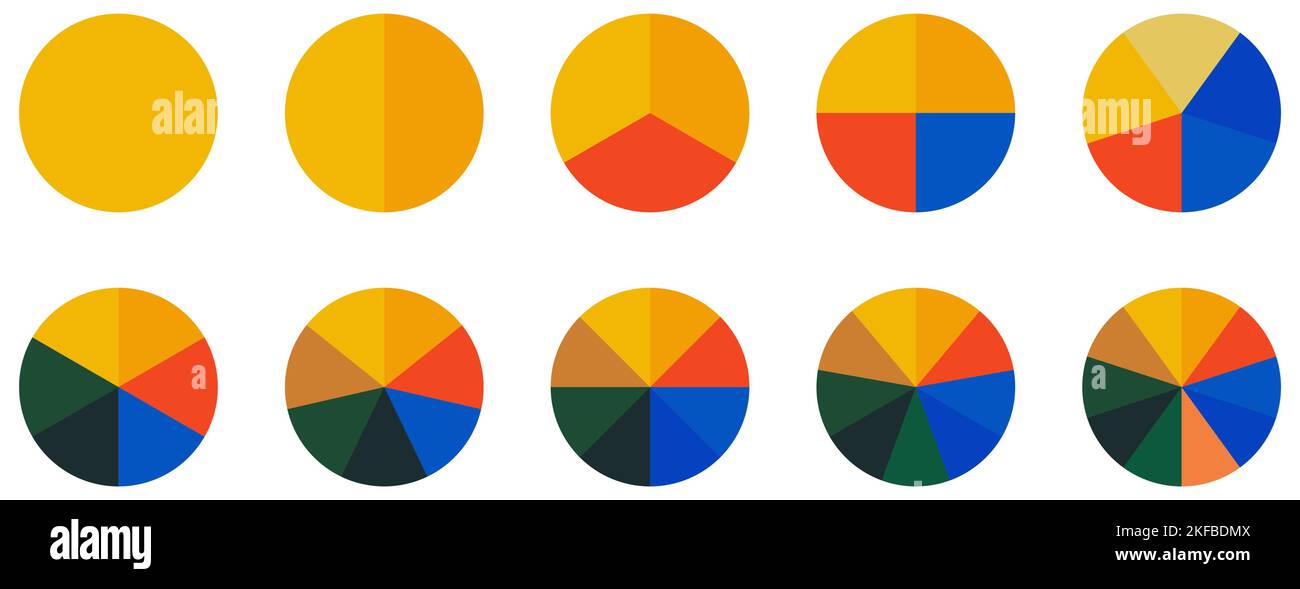 Circle pie chart icons. Colorful diagram with 10 sections. Vector