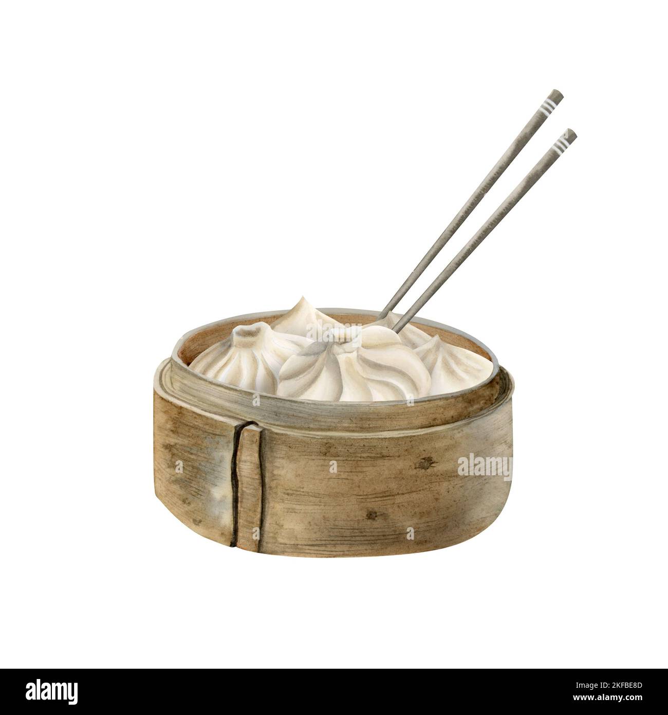 Watercolor Chinese dim sum in wooden steamer on white background ...