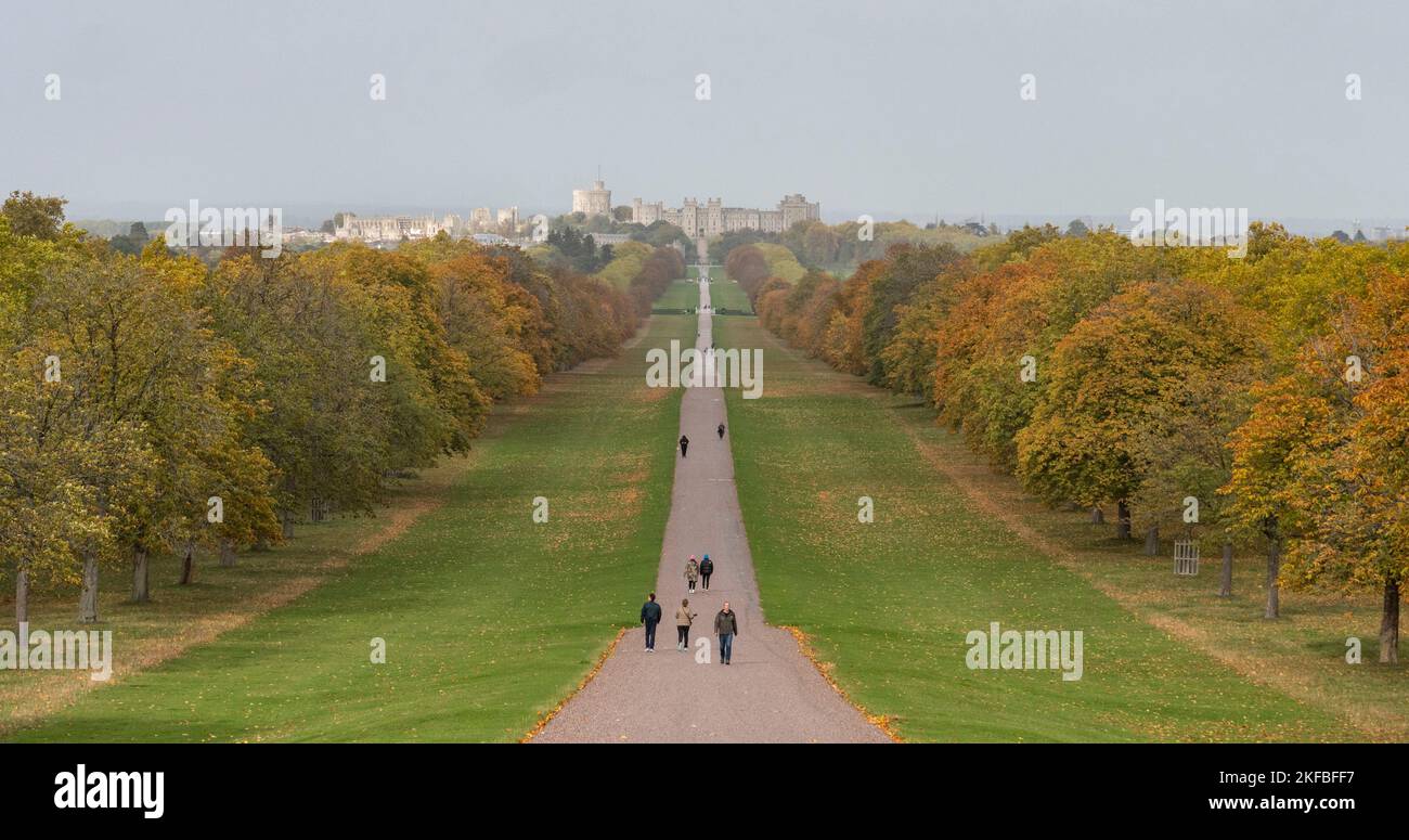 Autumn view from Snow Hill down the Long Walk towards Windsor Castle, Windsor Great Park, UK. Stock Photo