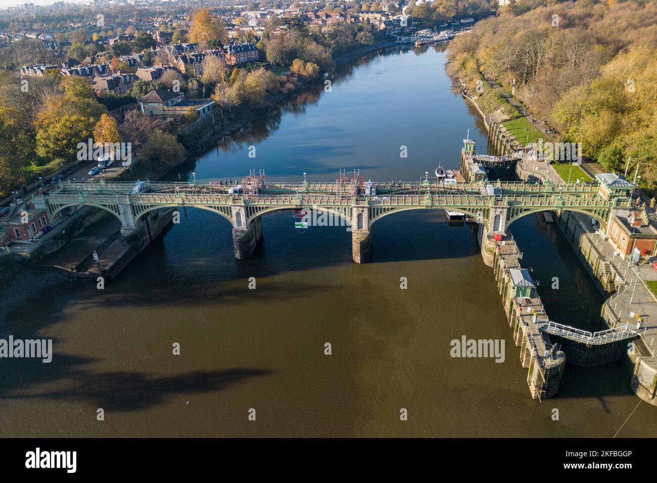 Aerial view of the weir at Richmond Lock, Richmond Upon Thames, London, UK. Stock Photo