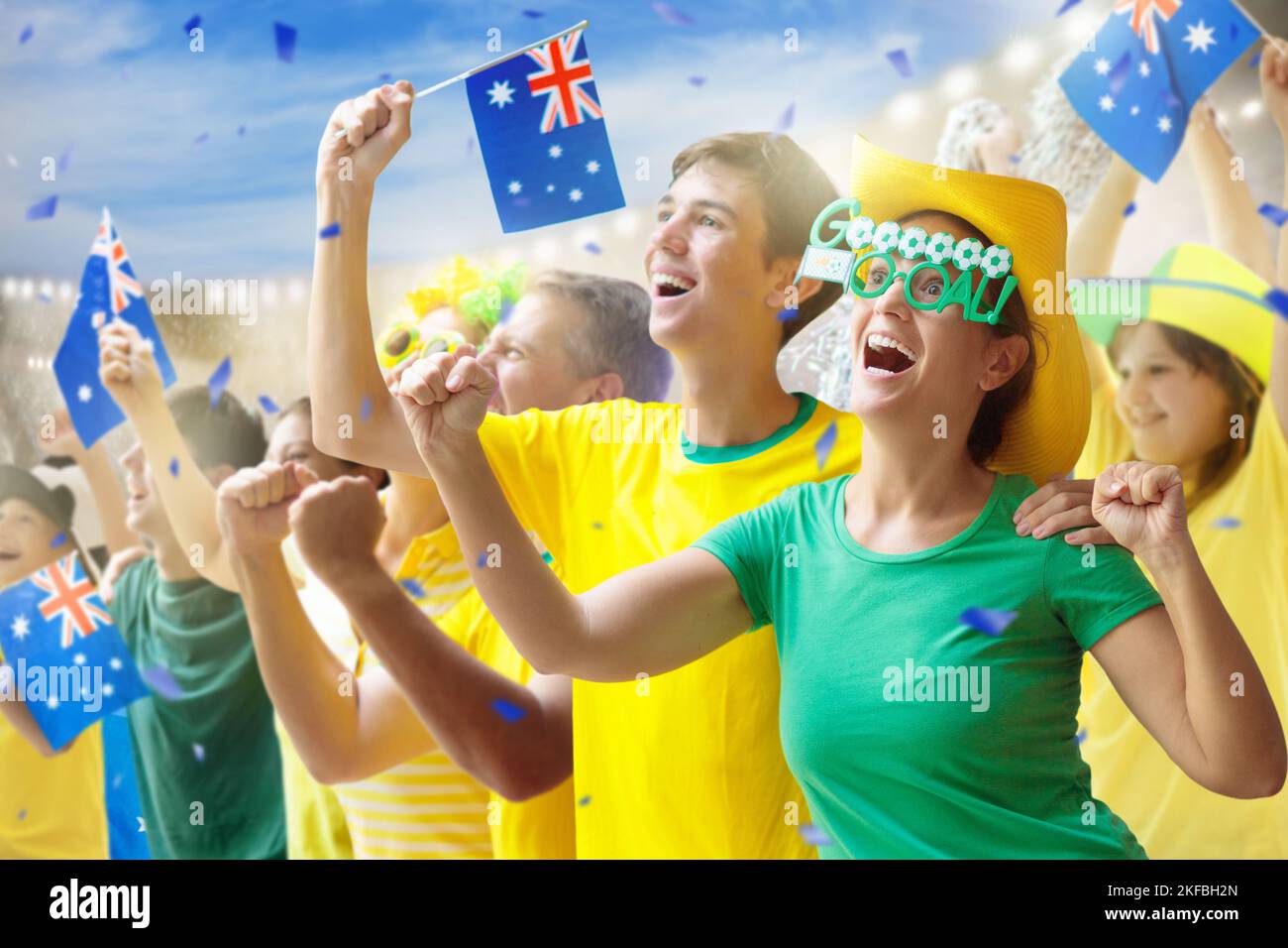 Australia fans on stadium. Australian supporters. Crowd cheering for
