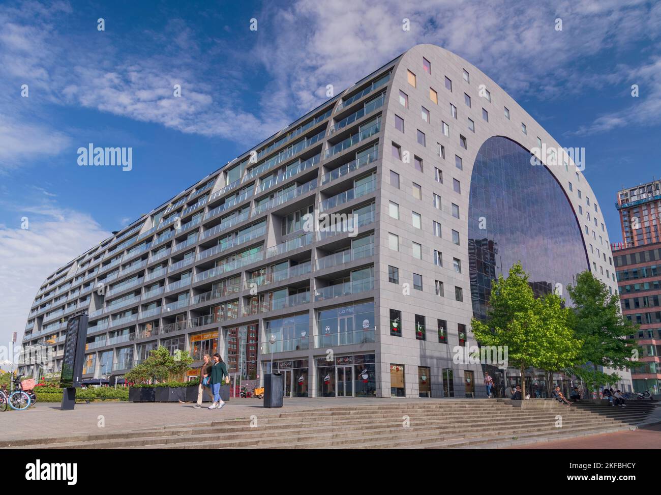 Netherlands, Rotterdam, The Markthal or Market Hall which is a residential and office building with a market hall underneath, west facade. Stock Photo