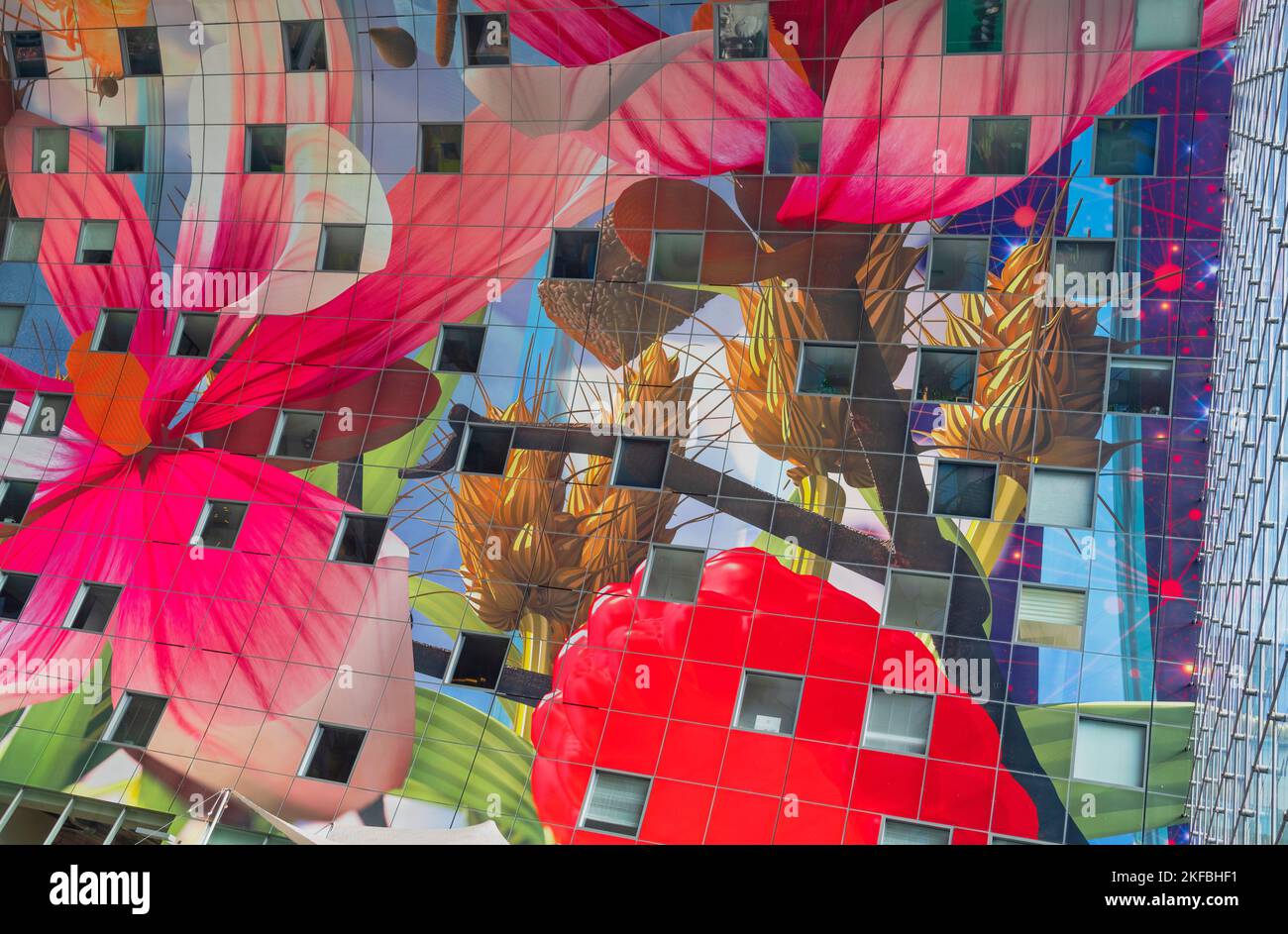 Netherlands, Rotterdam, The Markthal or Market Hall which is a residential and office building with a market hall underneath, Interior of the building with artwork by Arno Coenen and Iris Roskam, named Hoorn des Overvloeds or Horn of Plenty, the artwork shows strongly enlarged fruits, vegetables, seeds, fish, flowers and insects. Stock Photo