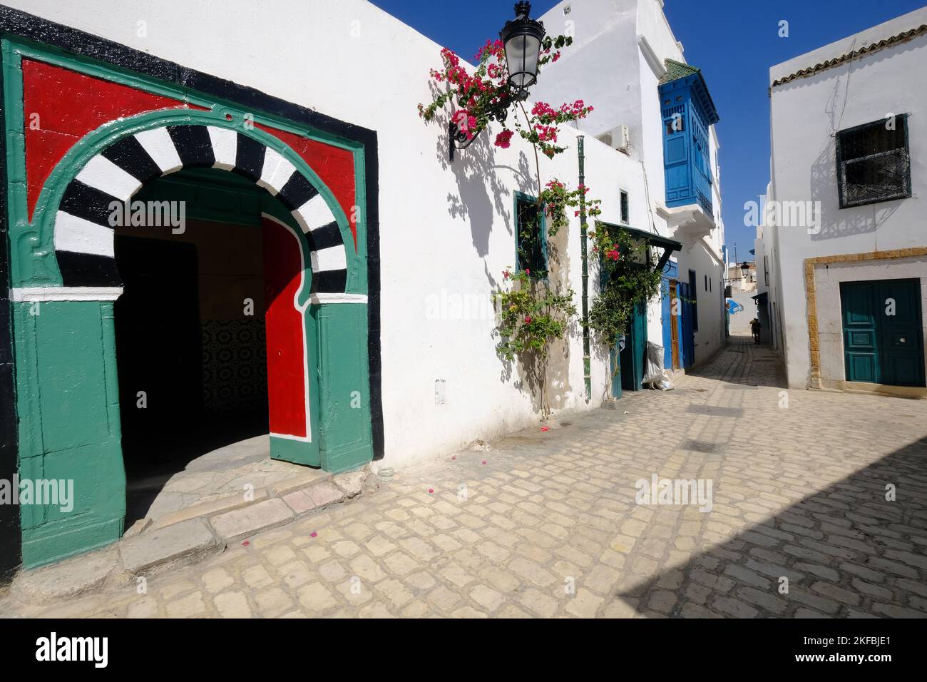 Typical white houses colourful arch door and a narrow alley. Tunis